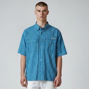 Habit Fishing Shirt Mens 2XL Blue Short Sleeve Plaid Vented Outdoors Performance